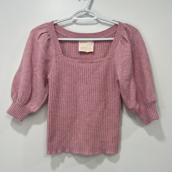 By Timo Womens Top Merino Wool XS Pink Ribbed Stretch Puff Sleeve Soft Sweater - Picture 1 of 6